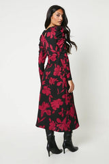 Red Floral Keyhole Midi Dress