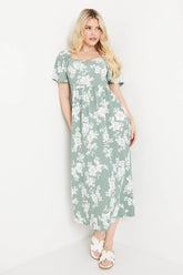 Floral Print Flutter Sleeve Jersey Midi Dress