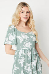 Floral Print Flutter Sleeve Jersey Midi Dress