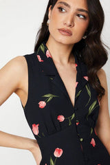 Black Floral Button Through Midi Dress