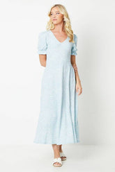Blue Abstract V Neck Short Sleeve Jersey Midi Dress