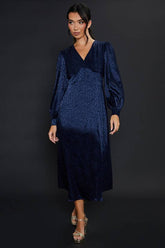 Satin Animal Jacquard Empire Long Sleeve Midi Dress
