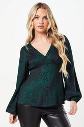 Petite Khaki Animal Long Sleeve Button Front Tea Blouse