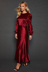 Petite Satin Jacquard Empire Long Sleeve Midi Dress