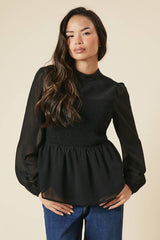 Shirred Front And Back Long Sleeve Blouse