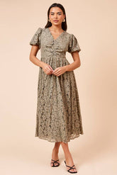 Khaki Lace Ruched Front Midi Dress