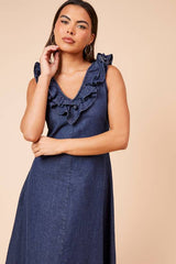 Chambray V Neck Ruffle Neck Sleeveless Midi dress