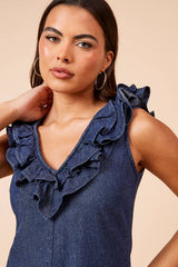 Chambray V Neck Ruffle Neck Sleeveless Midi dress