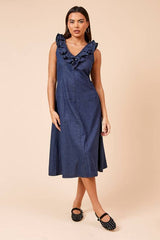 Chambray V Neck Ruffle Neck Sleeveless Midi dress