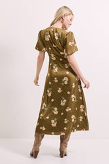 Floral Tie Front Button Up Puff Sleeve Midi Dress
