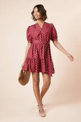 Burgundy Spot Printed Overhead Belted Puff Sleeve Mini Dress