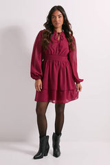 Petite Tie Neck Tiered Skirt Mini Dress