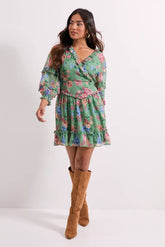 Petite Green Floral Ruffle Trim Wrap Front Printed Mini Dress