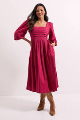 Pleat Bodice Puff Sleeve Midi Dress