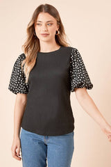 Mono Spot Printed Puff Sleeve Top
