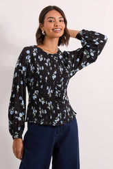 Floral Shirred Bodice Button Through Top