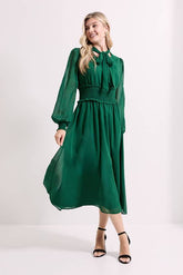 Bow Tie Neck Detail Shirred Waist Midi Dress