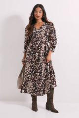 Petite Shirred Detail Blouson Sleeve Midi Dress