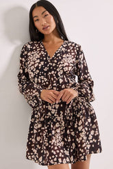 Brown Animal Print Dropped Seam Detail Wrap Front Mini Dress