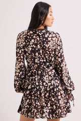 Brown Animal Print Dropped Seam Detail Wrap Front Mini Dress