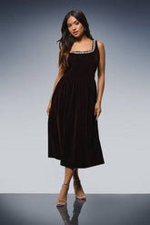 Petite Velvet Embellished Neckline Structured Midi Dress