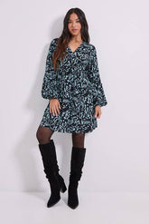 Petite V Neck Smock Blouson Sleeve Printed Mini Dress