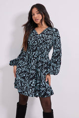 Petite V Neck Smock Blouson Sleeve Printed Mini Dress