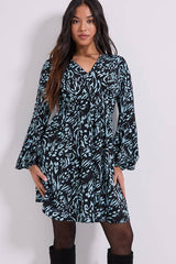 Petite V Neck Smock Blouson Sleeve Printed Mini Dress