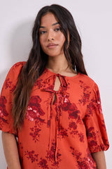 Petite Tie Detail Puff Sleeve Printed Top