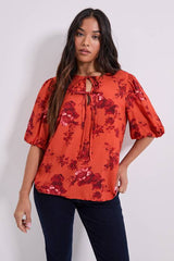 Petite Tie Detail Puff Sleeve Printed Top