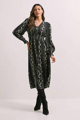 V Neck Button Front Detail Printed Midi Dress