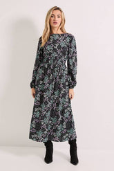 Gathered Waist Detail Blouson Sleeve Printed Midi Dress
