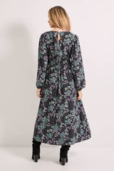 Gathered Waist Detail Blouson Sleeve Printed Midi Dress