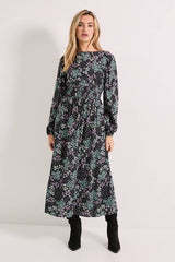 Gathered Waist Detail Blouson Sleeve Printed Midi Dress