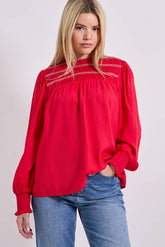 Contrast Stitching Shirred Yoke Long Sleeve Blouse