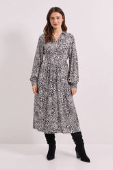 Seam Detail Collared Blouson Sleeve Printed Midi Dress