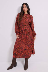 Petite Keyhole Detail Waisted Blouson Sleeve Printed Midi Dress