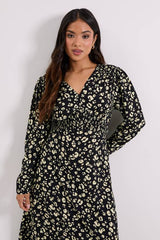 Petite Yellow Animal Shirred Waist Button Detail Midi Dress