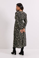 Petite Yellow Animal Shirred Waist Button Detail Midi Dress