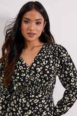 Petite Yellow Animal Shirred Waist Button Detail Midi Dress