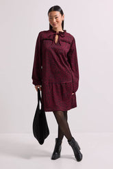 Petite Brown Animal Tie Neck Tiered Smock Jersey Mini Dress