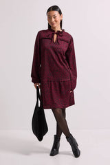 Petite Brown Animal Tie Neck Tiered Smock Jersey Mini Dress
