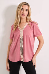 V Neck Short Sleeve Sequin T-Shirt