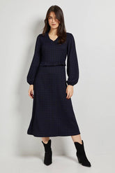 Gingham Frill Scoop Neck Blouson Sleeve Jersey Midi Dress
