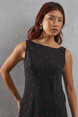 Heart Print Chiffon Slash Neck Bias Sleeveless Midi Dress