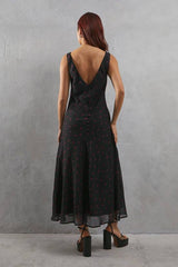 Heart Print Chiffon Slash Neck Bias Sleeveless Midi Dress