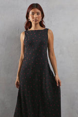 Heart Print Chiffon Slash Neck Bias Sleeveless Midi Dress