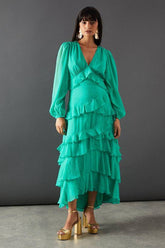 Dobby Chiffon Ruffle Midi Dress