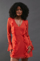 Chiffon Ruffle Detail Tie Sleeve Mini Dress