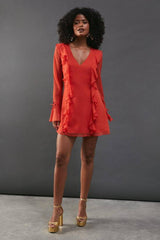 Chiffon Ruffle Detail Tie Sleeve Mini Dress